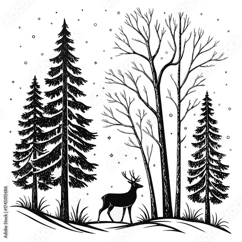 Deer in winter forest silhouette vector, pine and leafless trees landscape illustration