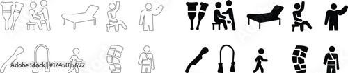Rehabilitation Icon set Physical Therapy, Recovery, Exercise, Health, Medical Treatment, Patient Care, Wellness, and Body Healing Symbols in Modern Vector Style, walker, physiotherapy, exercise band