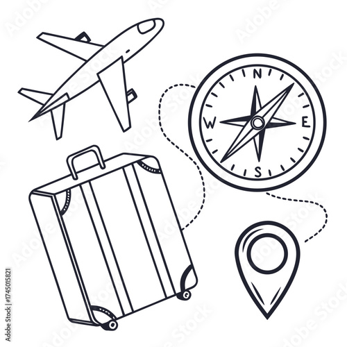 Travel and adventure concept with airplane suitcase compass and location pin icons in a simple line art style