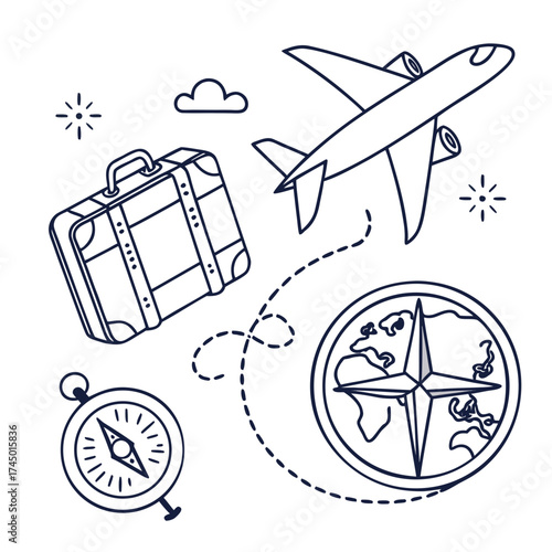 Hand drawn travel icons including an airplane suitcase compass and globe with dashed lines indicating movement and a cloud and sparkle elements