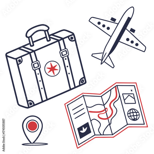 A collection of travel essentials including a vintage suitcase airplane map and location pin in a simple line art style