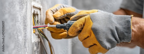 Electrician's hands in safety gloves installing or repairing an electrical outlet, connecting