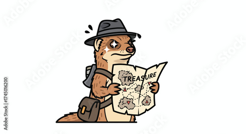 Curious Meerkat Explorer Studying Ancient Treasure Map.