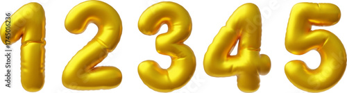 Realistic 3D volume gold foil inflated balloon number one, two, three, four, five, vector numeric font symbols 1 2 3 4 5