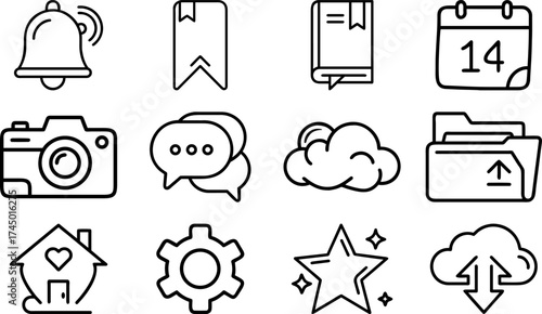A collection of various line-drawn icons on a screen, depicting different functions and symbols