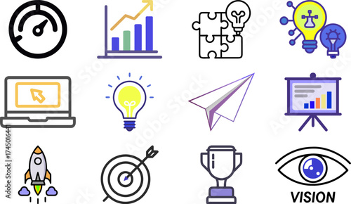 Illustrative icons representing business concepts, including a speedometer, growth chart, lightbulb, paper airplane, and rocket