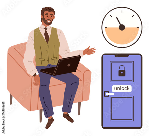 Man sitting with laptop, speaking and gesturing. Features stopwatch and door with unlock button. Ideal for teamwork, time management, productivity, problem-solving, technology, success simple flat