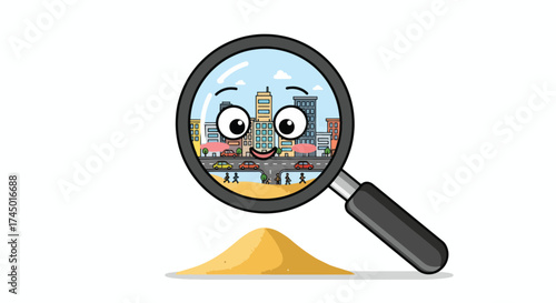 Magnifying glass with cartoon face looking at city buildings.