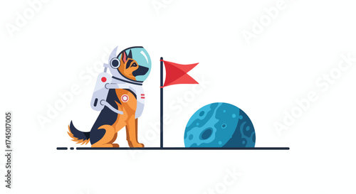 Dog astronaut on the moon with flag and planet.
