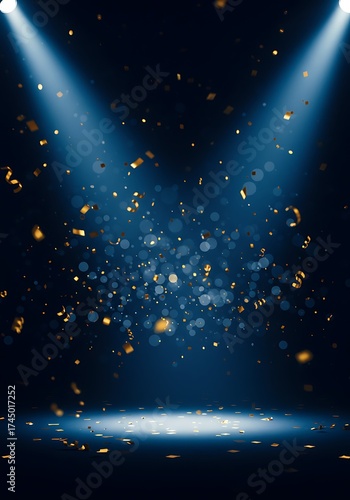 An empty stage illuminated by two bright spotlights with golden confetti falling through the air.
