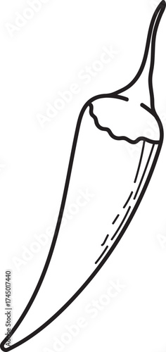 Simple black and white line art illustration of a chili pepper. Minimalist outline drawing of a spicy vegetable, perfect for icons or graphic design.