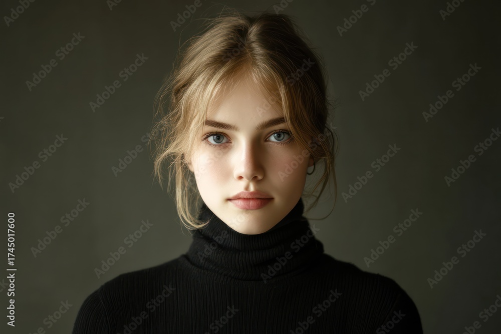 Fototapeta premium Minimalist Portrait of Girl in Black Turtleneck