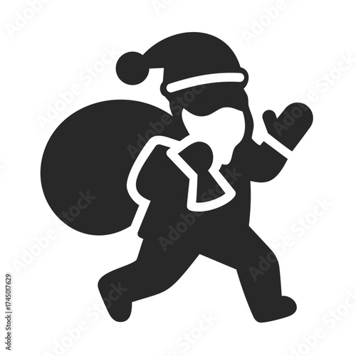 Santa Claus solid icon running with gift bag for Christmas celebration design.