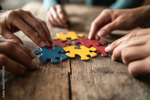 Hands assembling colorful puzzle pieces representing teamwork and cooperation
