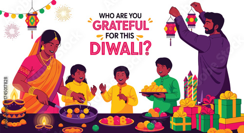 flat style illustration of a happy family celebrating Diwali with sweets, lanterns, and gifts, sharing gratitude, love, and togetherness during the festival of lights