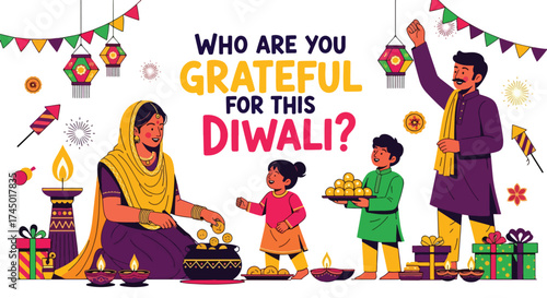 flat style illustration of a happy family celebrating Diwali with sweets, lanterns, and gifts, sharing gratitude, love, and togetherness during the festival of lights