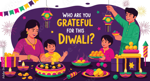 flat style illustration of a happy family celebrating Diwali with sweets, lanterns, and gifts, sharing gratitude, love, and togetherness during the festival of lights