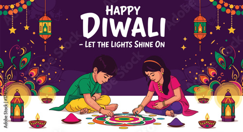 illustration of children creating a colorful rangoli with diyas and lanterns during Diwali, celebrating creativity, light, and joy in the festival of lights