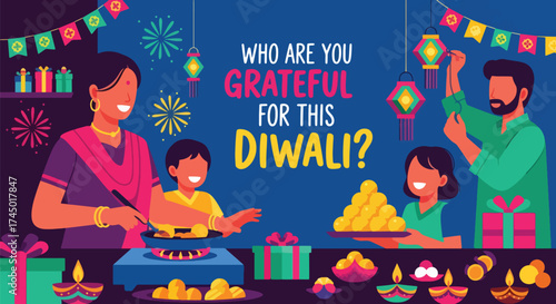 flat style illustration of a happy family celebrating Diwali with sweets, lanterns, and gifts, sharing gratitude, love, and togetherness during the festival of lights