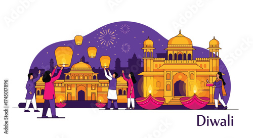 flat style illustration of people celebrating Diwali with lanterns, fireworks, and diyas near illuminated Indian temples, representing joy, tradition, and the spirit of the festival of lights