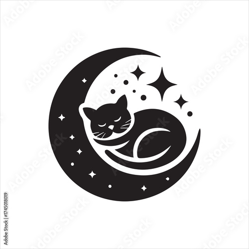 Stylized Black Cat Curled Asleep on Crescent Moon Surrounded by Stars.