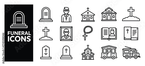 Death and remembrance icon pack including priest, obituary, crucifix, and chapel