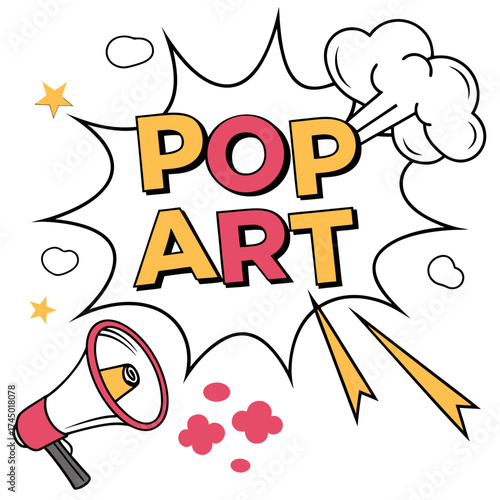 Retro pop art comic book style explosion with megaphone and stars announcing the art movement