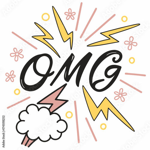 Oh my god expressive lettering with vibrant lightning bolts flowers and abstract shapes on a white background
