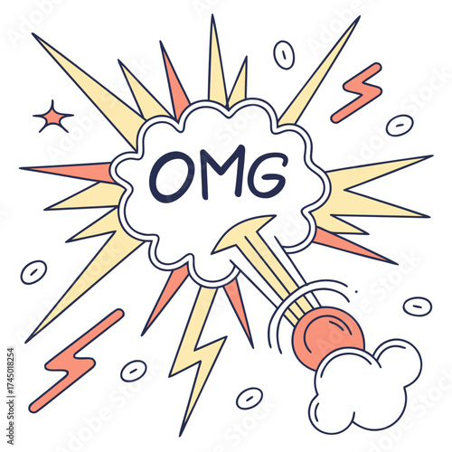 Explosive comic book style speech bubble with omg text and colorful starbursts and lightning bolts
