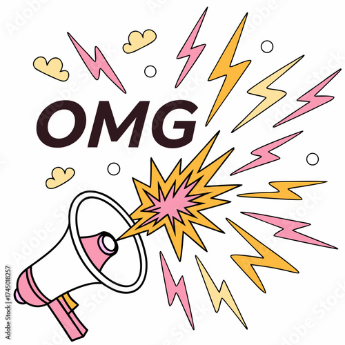 Excited omg message broadcast from a megaphone with colorful lightning bolts and clouds in a fun pop art style