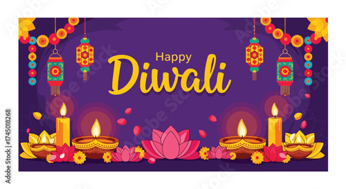 flat illustration of Happy Diwali greeting with glowing diyas, candles, marigold flowers, and hanging lanterns, celebrating the festival of lights with warmth, beauty, and festivity