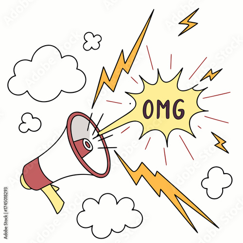 A cartoon megaphone broadcasts the word omg with lightning bolts and clouds in a fun doodle style
