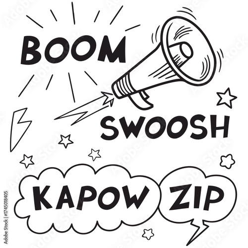 Comic book style sound effects and action words like boom swoosh kapow and zip with a megaphone and lightning bolt illustration