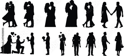 Romantic couple silhouettes, love poses illustration, proposal and kiss artwork, embracing couples vector, black relationship graphics, passion design, wedding romance icons