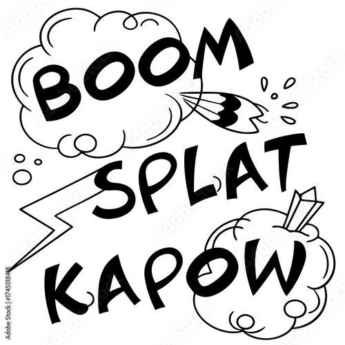 Dynamic comic book sound effects boom splat kapow in bold black lettering with cartoon style speech bubbles and action lines on a white background