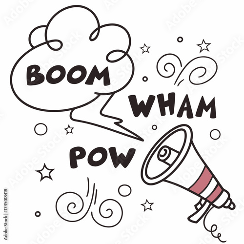 Hand drawn comic book style sound effects like boom wham pow with a megaphone and decorative elements on a white background