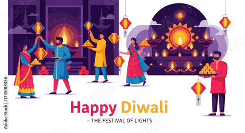 flat style illustration of people celebrating Diwali with lanterns, sweets, and oil lamps near a decorated altar, symbolizing joy, togetherness, and the festival of lights for festive greetings