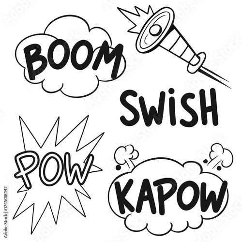 Collection of comic book sound effect words like boom pow swish and kapow in speech bubbles and starbursts with a megaphone illustration on a white background