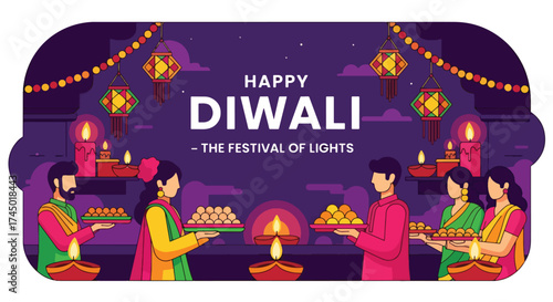 flat style illustration of people celebrating Diwali with lanterns, sweets, and oil lamps near a decorated altar, symbolizing joy, togetherness, and the festival of lights for festive greetings