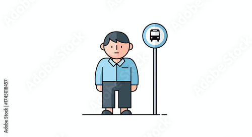 A young boy stands patiently at a bus stop waiting for transportation.