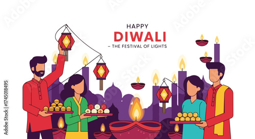 flat style illustration of people celebrating Diwali with lanterns, sweets, and oil lamps near a decorated altar, symbolizing joy, togetherness, and the festival of lights for festive greetings