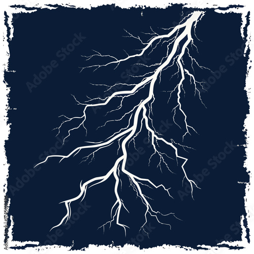 A stark white lightning bolt flashes across a deep navy blue background with a distressed white border framing the image