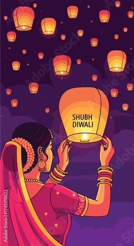 flat illustration of an Indian woman releasing a sky lantern with “Shubh Diwali” message, celebrating the festival of lights with joy, tradition, and spiritual warmth