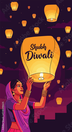 flat illustration of an Indian woman releasing a sky lantern with “Shubh Diwali” message, celebrating the festival of lights with joy, tradition, and spiritual warmth