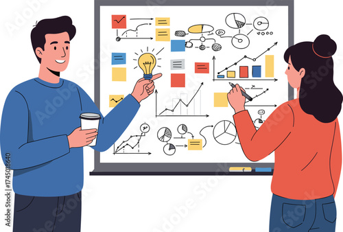 Business brainstorming illustration, professional teamwork, office collaboration, data analysis, whiteboard planning, creative strategy, idea generation, workplace communication, project management