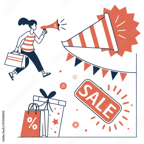 Woman with megaphone and shopping bag announces sale with gifts and festive decorations