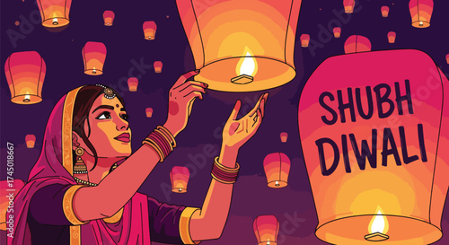 flat illustration of an Indian woman releasing a sky lantern with “Shubh Diwali” message, celebrating the festival of lights with joy, tradition, and spiritual warmth