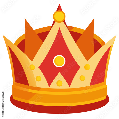 Golden crown with red velvet panels, pointed spikes, yellow jewels, and decorative bands, no background vector file.