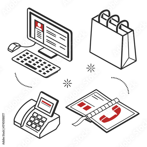 Isometric line art icons representing business and communication tools including a computer shopping bag telephone and address book with red accents