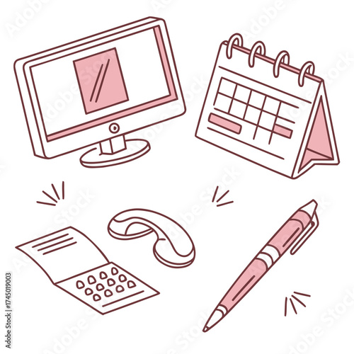 A charming hand drawn illustration featuring essential office supplies including a computer monitor desk calendar telephone handset calculator and a pen perfect for business and organization themes